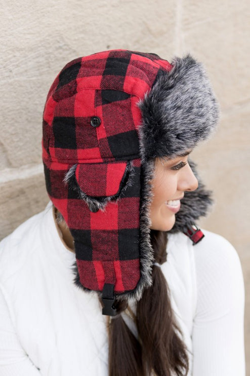 Cozy Warm Buffalo Plaid Plush Fashion Trapper Hat - Accessoriesforever
