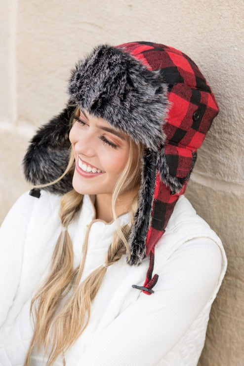 Cozy Warm Buffalo Plaid Plush Fashion Trapper Hat - Accessoriesforever