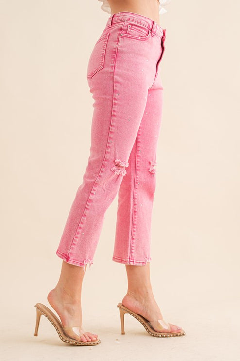 Studded Rhinestone Distressed Knee Edge Stretch High Rise Denim Jeans - Accessoriesforever