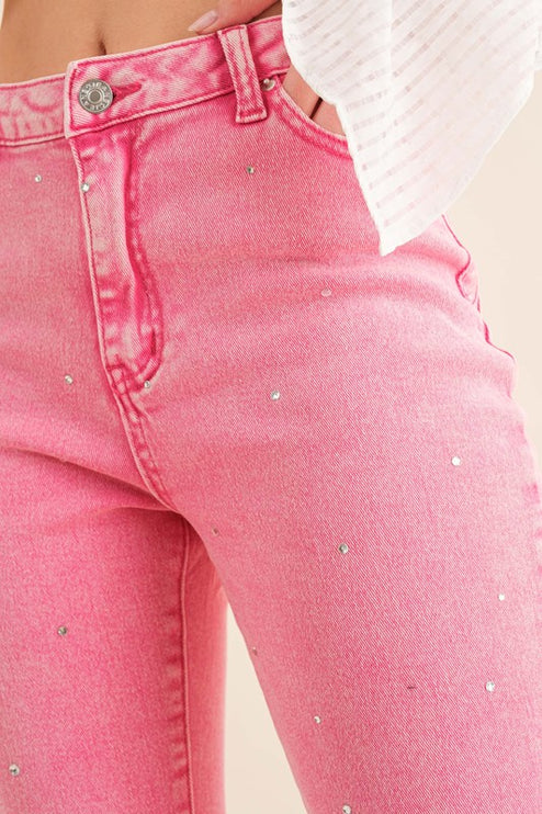 Studded Rhinestone Distressed Knee Edge Stretch High Rise Denim Jeans