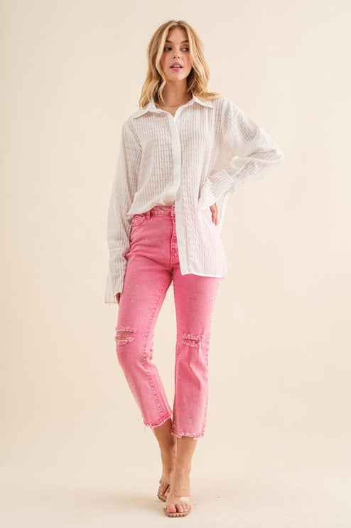 Studded Rhinestone Distressed Knee Edge Stretch High Rise Denim Jeans - Accessoriesforever