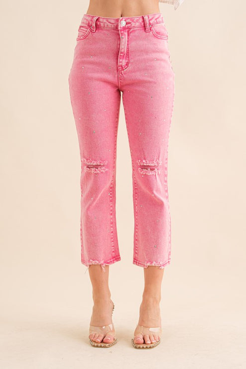 Studded Rhinestone Distressed Knee Edge Stretch High Rise Denim Jeans - Accessoriesforever