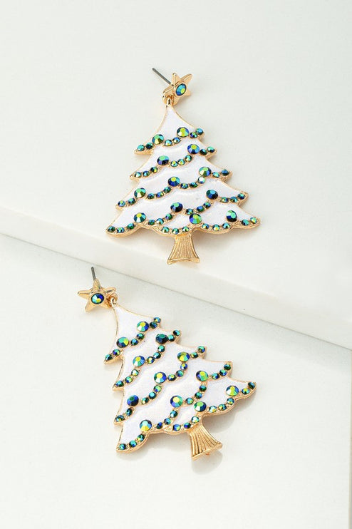 Sparking Crystal Rhinestone Snowy Christmas Tree Holiday Drop Earrings - Accessoriesforever