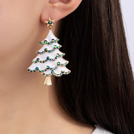 Sparking Crystal Rhinestone Snowy Christmas Tree Holiday Drop Earrings