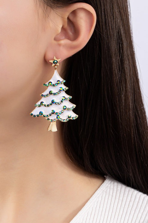 Sparking Crystal Rhinestone Snowy Christmas Tree Holiday Drop Earrings