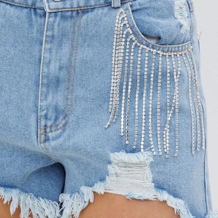 Stylish Chic Frayed Rhinestone Distressed Denim Jeans Bottom Shorts - Accessoriesforever