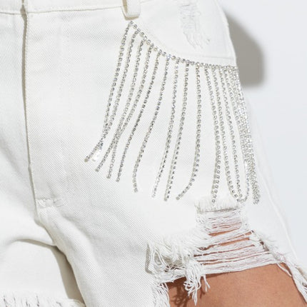 Stylish Chic Frayed Rhinestone Distressed Denim Jeans Bottom Shorts - Accessoriesforever