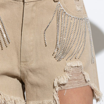 Stylish Chic Frayed Rhinestone Distressed Denim Jeans Bottom Shorts - Accessoriesforever