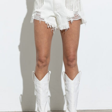Stylish Chic Frayed Rhinestone Distressed Denim Jeans Bottom Shorts - Accessoriesforever