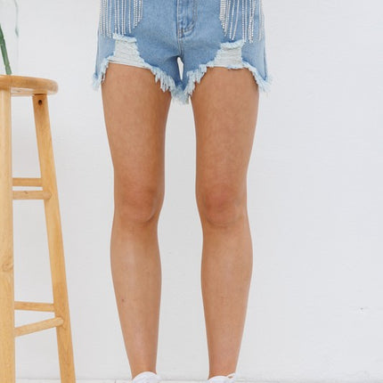 Stylish Chic Frayed Rhinestone Distressed Denim Jeans Bottom Shorts - Accessoriesforever