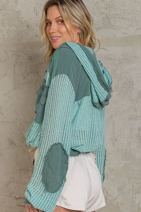 Stylish Chic Open Knit Button Down Pocket Hooded Shirt Top
