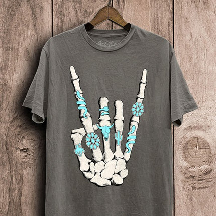 Skeleton Rock Hand Sign Graphic Tee T-Shirt - Accessoriesforever
