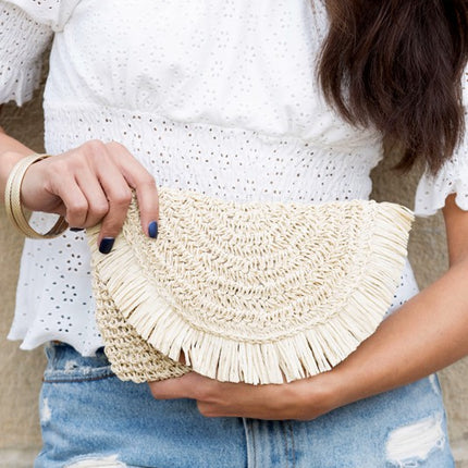 Chic Fringe Fold-over Straw Clutch