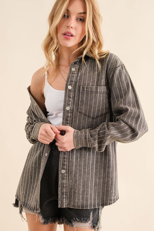 Causal Fashion Sparkling Stone Stripe Denim Shirt Jacket