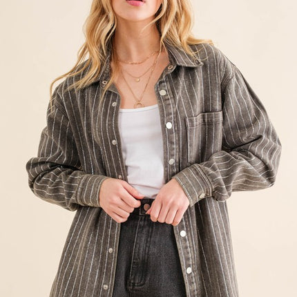 Causal Fashion Sparkling Stone Stripe Denim Shirt Jacket