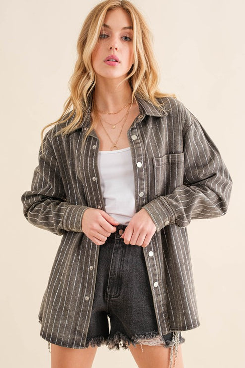 Causal Fashion Sparkling Stone Stripe Denim Shirt Jacket