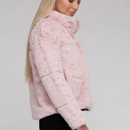 Fluffy Zip-Up Sweater Jacket with Collar and Pockets