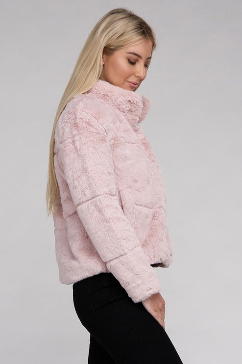 Fluffy Zip-Up Sweater Jacket with Collar and Pockets