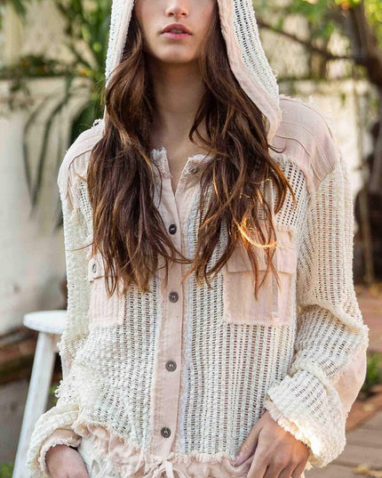 Stylish Chic Open Knit Button Down Pocket Hooded Shirt Top