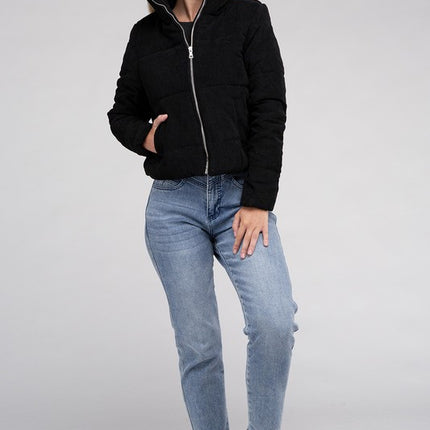 Soft Corduroy Zip-Up Jacket with High Collar and Pockets