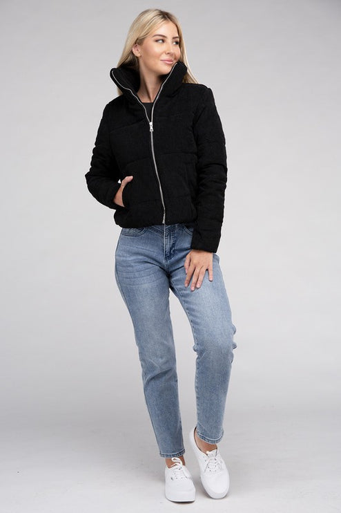 Soft Corduroy Zip-Up Jacket with High Collar and Pockets