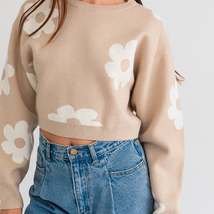Cute Floral Daisy Pattern Long Sleeve Cropped Sweater