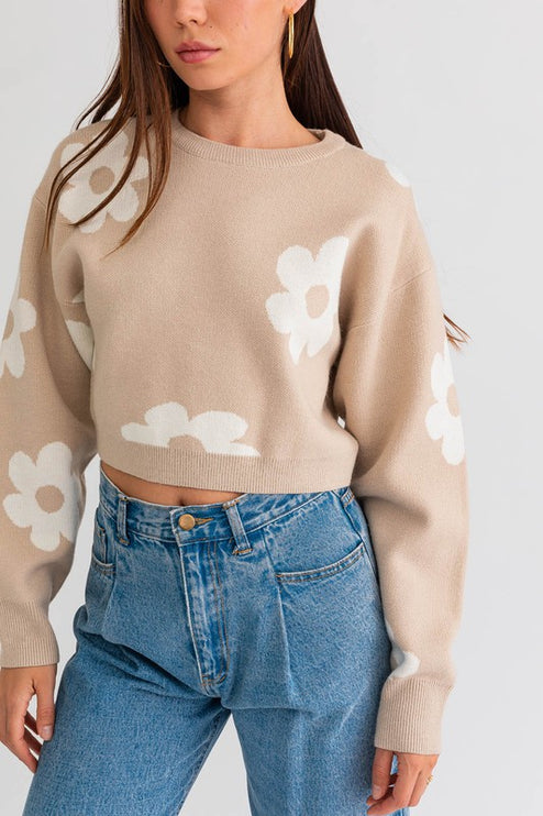 Cute Floral Daisy Pattern Long Sleeve Cropped Sweater