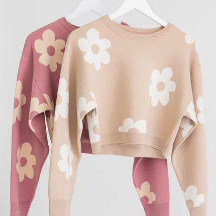 Cute Floral Daisy Pattern Long Sleeve Cropped Sweater