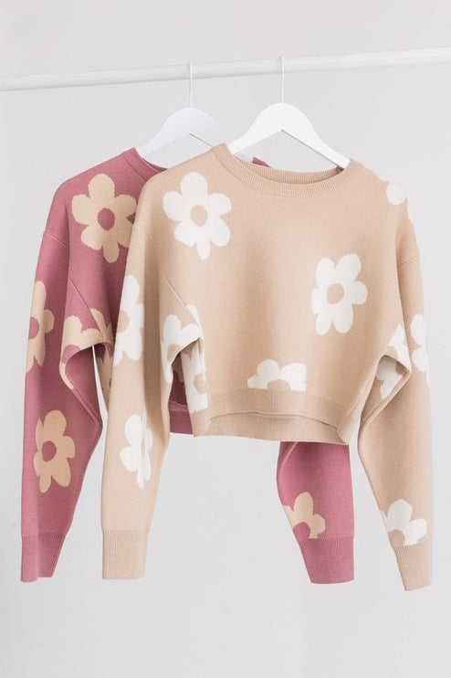 Cute Floral Daisy Pattern Long Sleeve Cropped Sweater