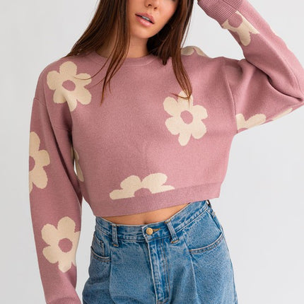 Cute Floral Daisy Pattern Long Sleeve Cropped Sweater