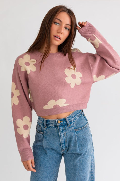 Cute Floral Daisy Pattern Long Sleeve Cropped Sweater