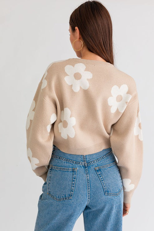 Cute Floral Daisy Pattern Long Sleeve Cropped Sweater