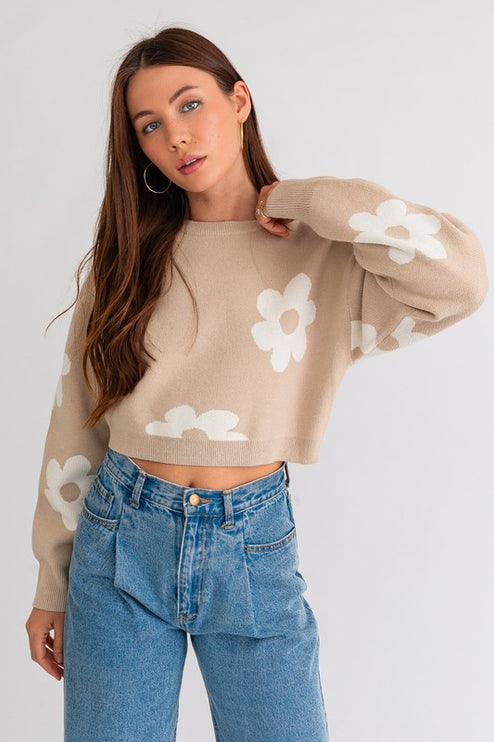 Cute Floral Daisy Pattern Long Sleeve Cropped Sweater