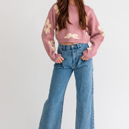 Cute Floral Daisy Pattern Long Sleeve Cropped Sweater
