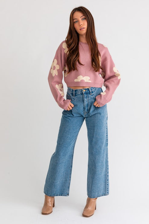 Cute Floral Daisy Pattern Long Sleeve Cropped Sweater