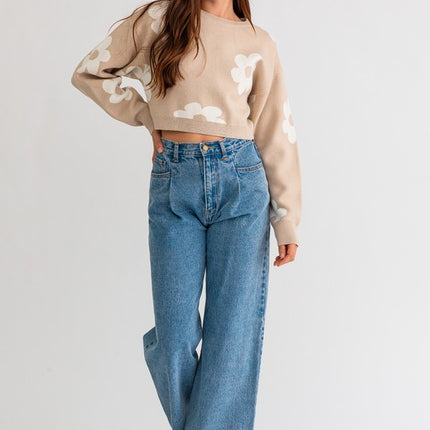 Cute Floral Daisy Pattern Long Sleeve Cropped Sweater