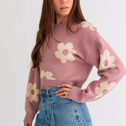 Cute Floral Daisy Pattern Long Sleeve Cropped Sweater