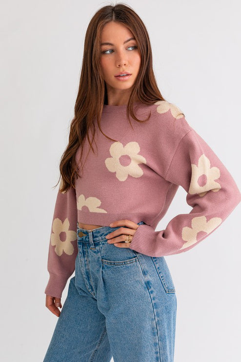 Cute Floral Daisy Pattern Long Sleeve Cropped Sweater