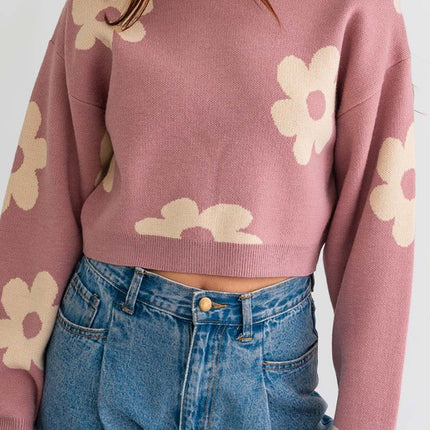 Cute Floral Daisy Pattern Long Sleeve Cropped Sweater