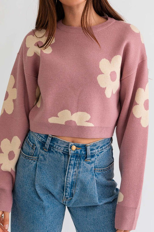 Cute Floral Daisy Pattern Long Sleeve Cropped Sweater