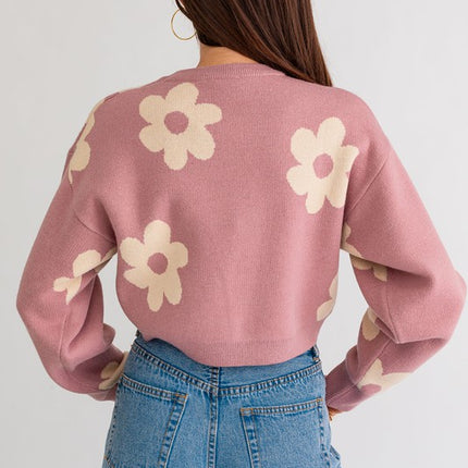 Cute Floral Daisy Pattern Long Sleeve Cropped Sweater