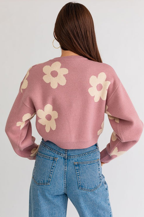 Cute Floral Daisy Pattern Long Sleeve Cropped Sweater