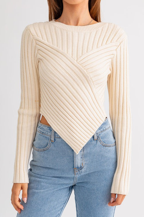 Asymmetrical Hem Design Long Sleeve Crop Sweater Top