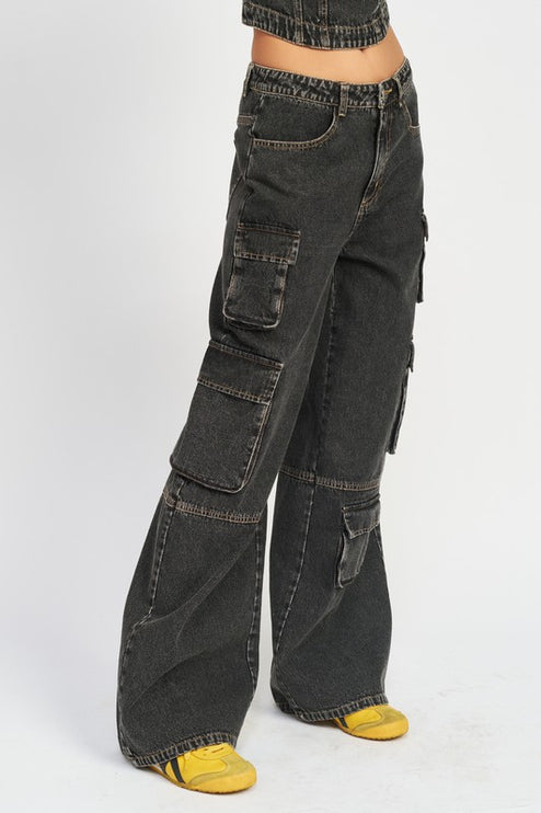 Stylish Vintage Inspired Wide Leg Denim Cargo Pants Jeans - Accessoriesforever