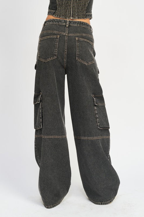 Stylish Vintage Inspired Wide Leg Denim Cargo Pants Jeans - Accessoriesforever