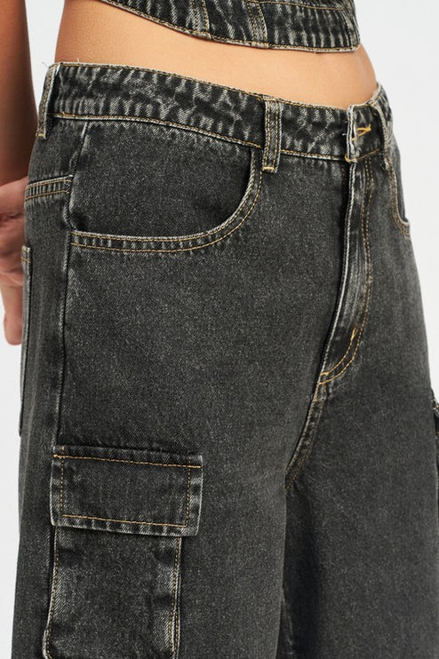 Stylish Vintage Inspired Wide Leg Denim Cargo Pants Jeans