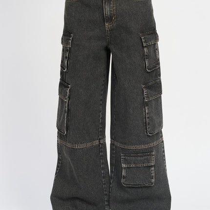 Stylish Vintage Inspired Wide Leg Denim Cargo Pants Jeans - Accessoriesforever