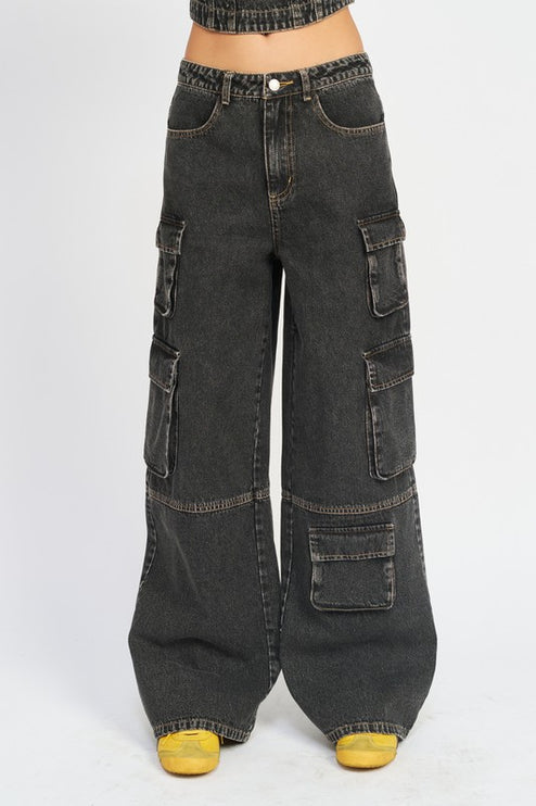 Stylish Vintage Inspired Wide Leg Denim Cargo Pants Jeans