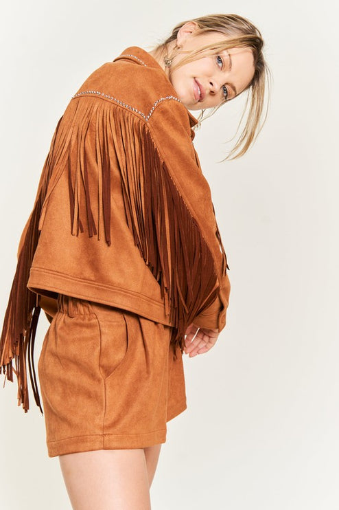 Boho Suede Fringe Jacket with Stud Details and Button Front
