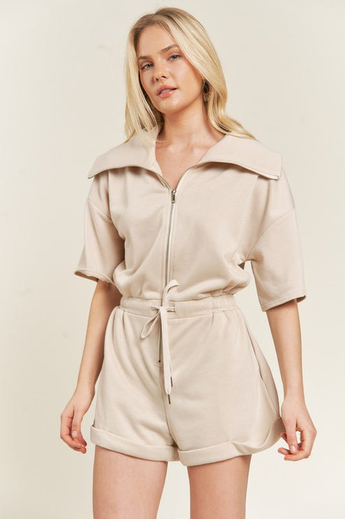 High Neck French Terry Zip Romper with Side Pockets
